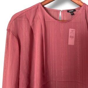 Express Dusty Mauve Sheer Long Sleeve Round Neck Blouse Size Medium